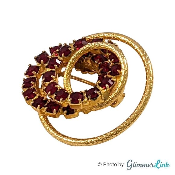 Vintage Double Circles Spiral Red Rhinestones Gold Tone Brooch - Picture 3 of 8